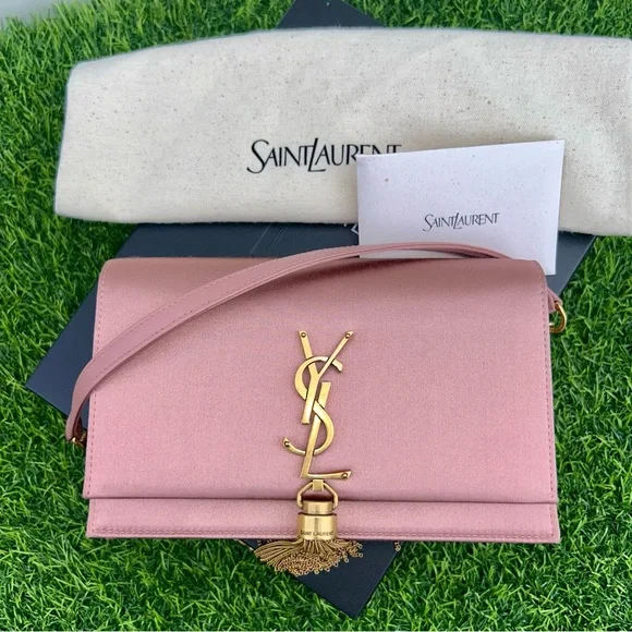 SAINT LAURENT KATE TASSEL CLUTCH ON CHAIN ROSE PINK SATIN GOLD HARDWARE NEW!